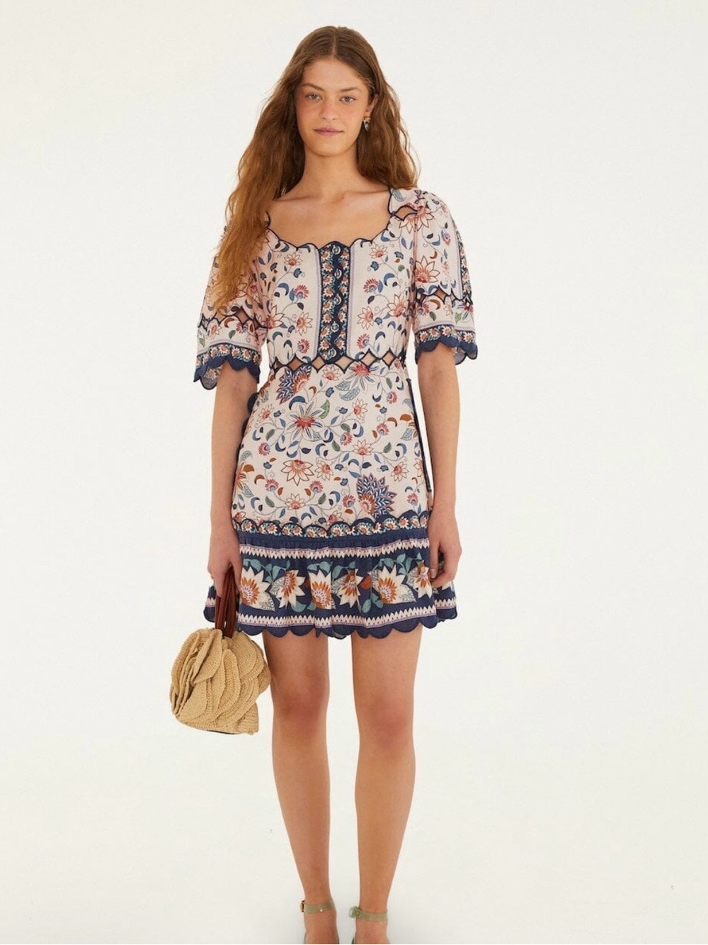 FARM Rio Cream Mini Dress with Navy & Multicolor Floral Embroidery
